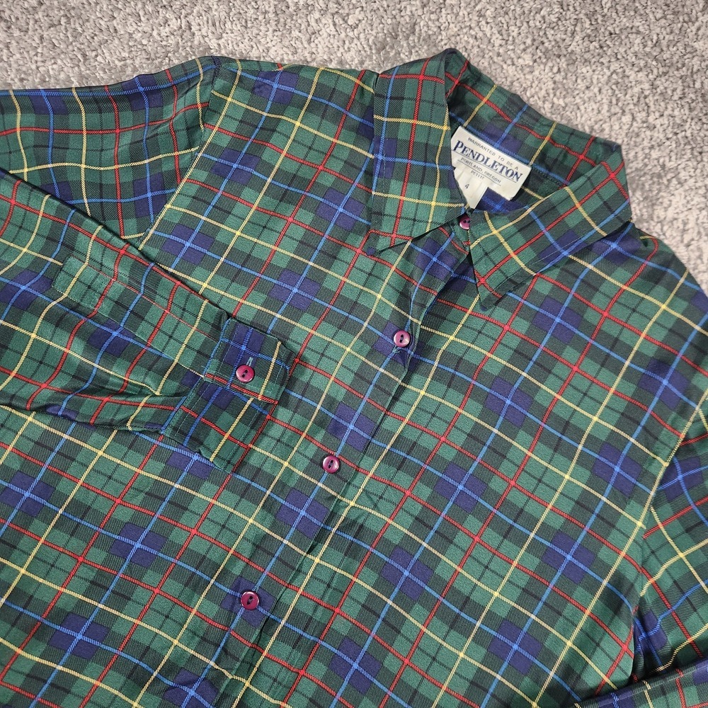 Pendleton Blouse Womens 4 Silk Tartan Plaid Button Front Top L/S Collared Luxury